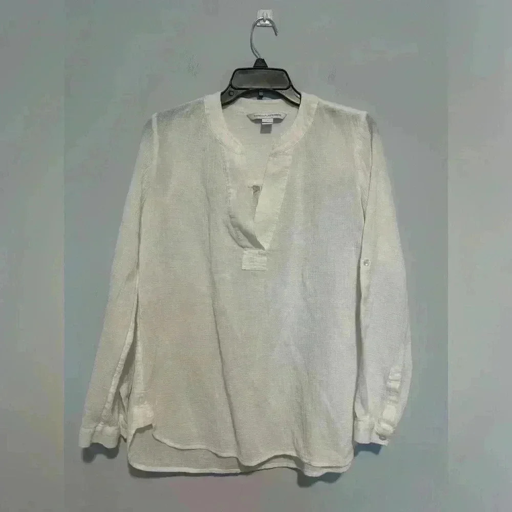 Diane Von Furstenberg Womens White Cotton V-Neck Long Sleeve Blouse Top Size 4